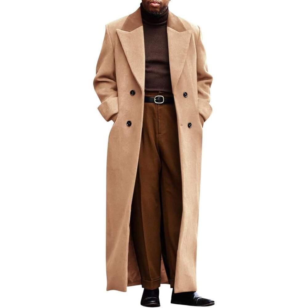 🆕Men's  Khaki Full-Length Double-Breasted Trench Coat with Notched Lapel